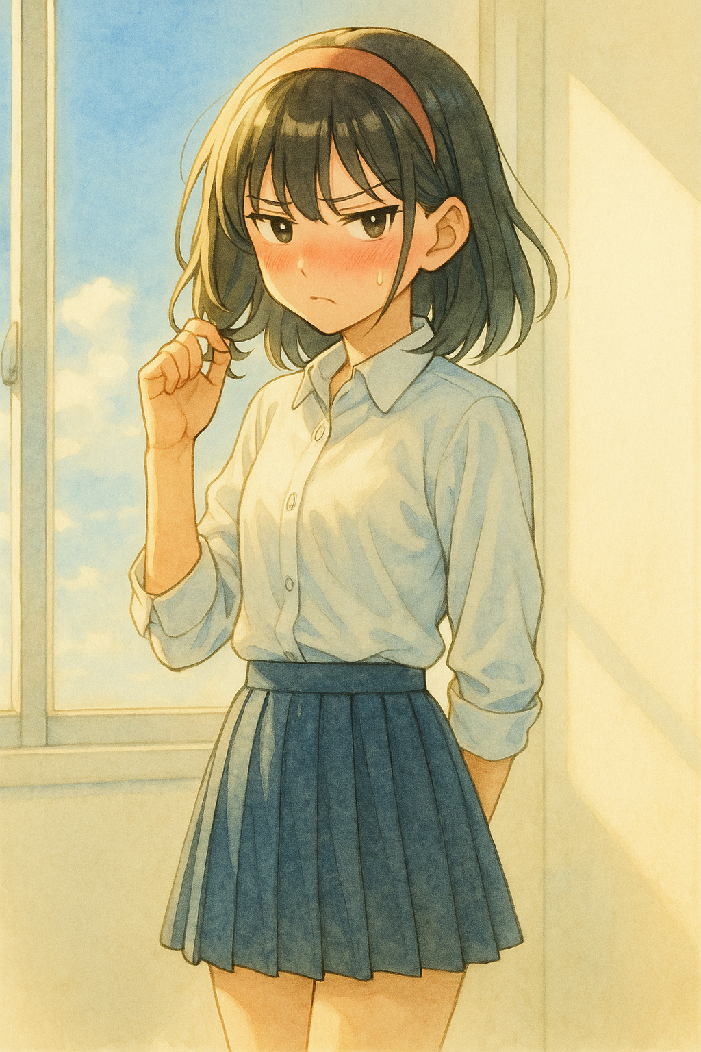 教室の窓辺で照れ笑い
