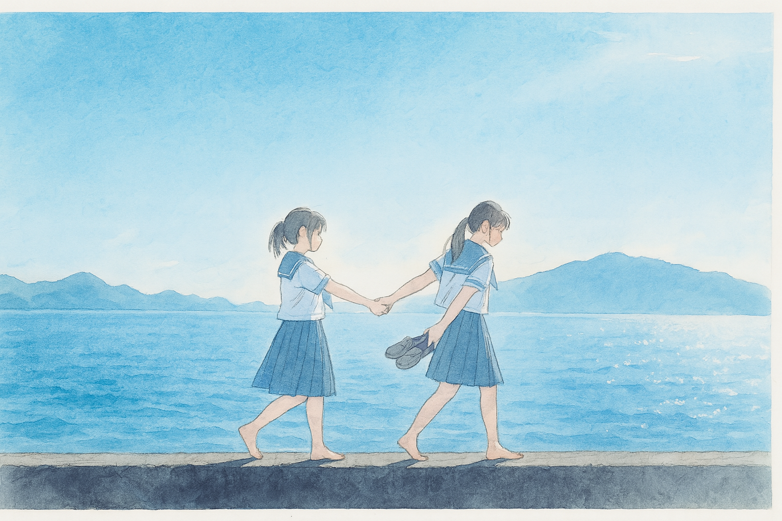 海辺を歩く二人の少女